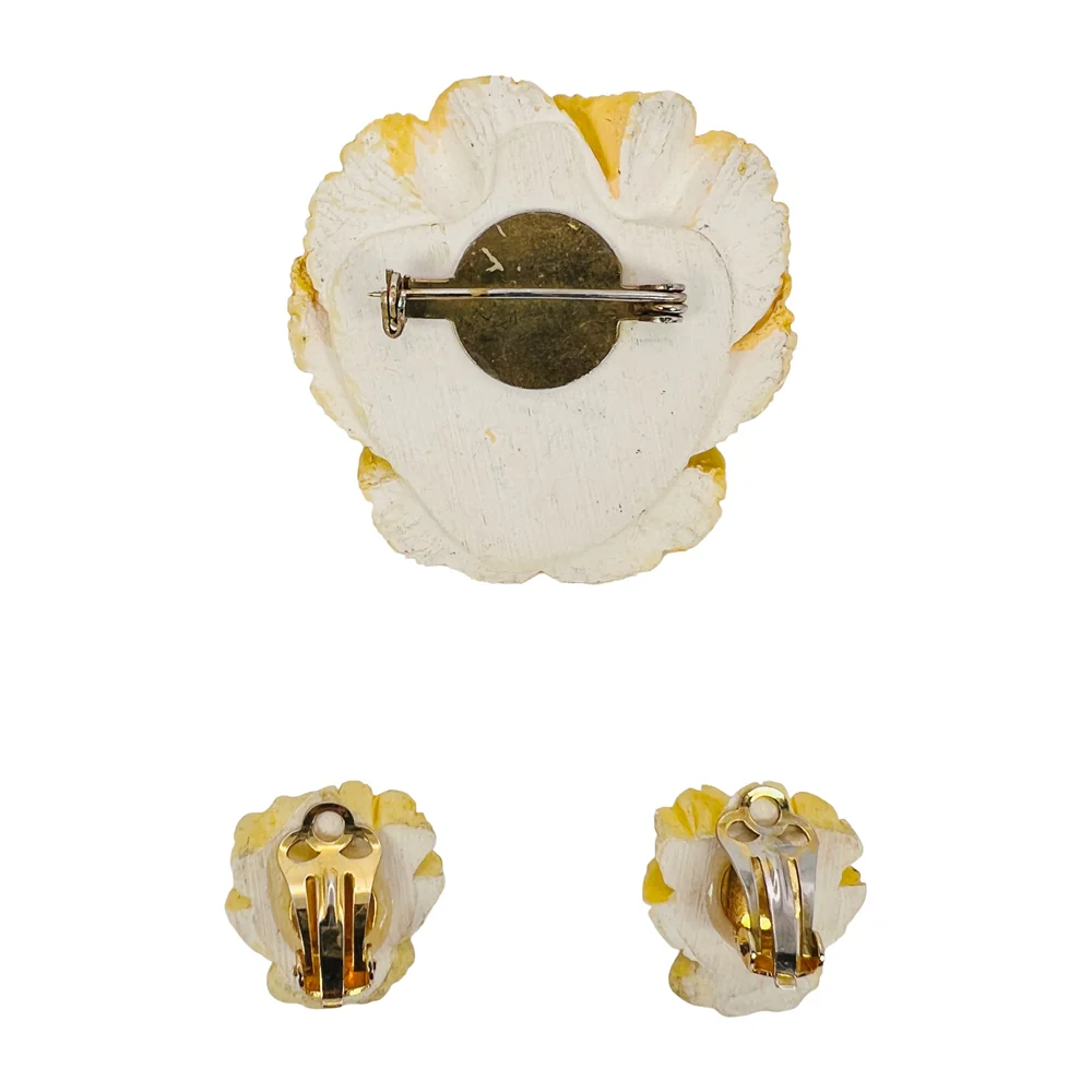 1970's Yellow Ceramic Pansy Brooch & Earrings Set - Image 3