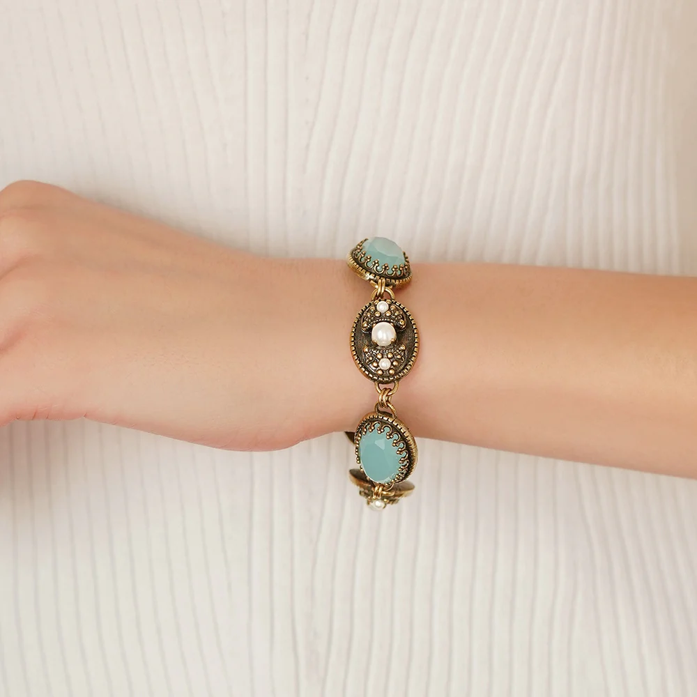 Bracelet with Aqua & Pearl Stone Settings - Image 2