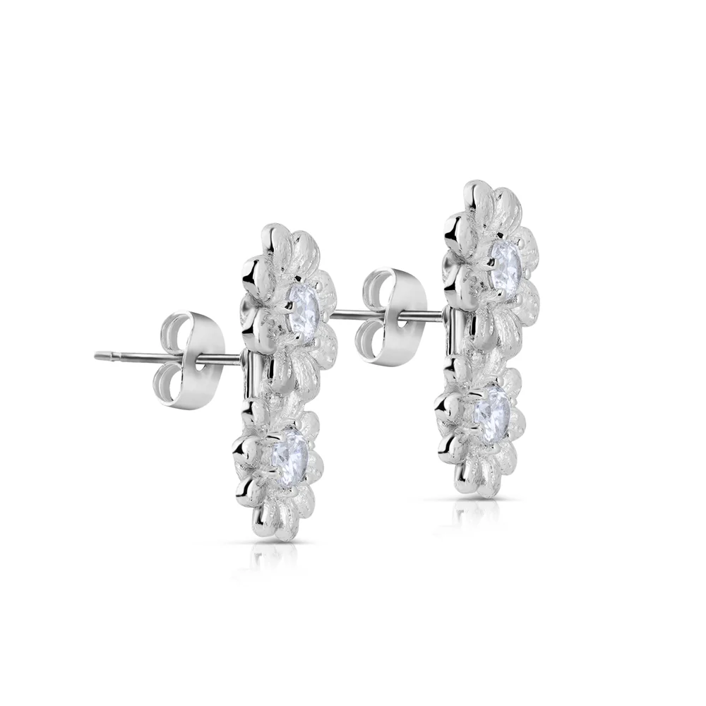 Double Floral Earrings with Clear Stones - Image 3