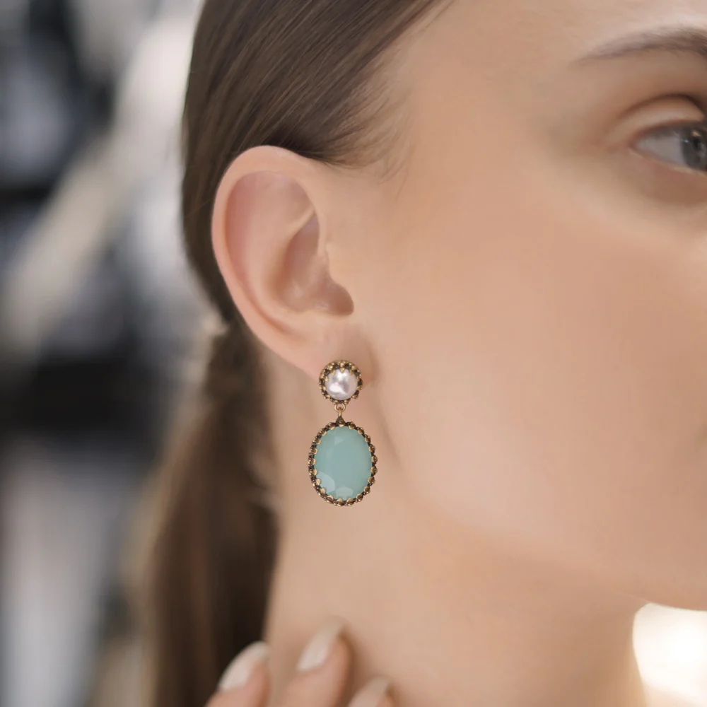 Earrings with Aqua and Pearl Stone Settings - Image 2