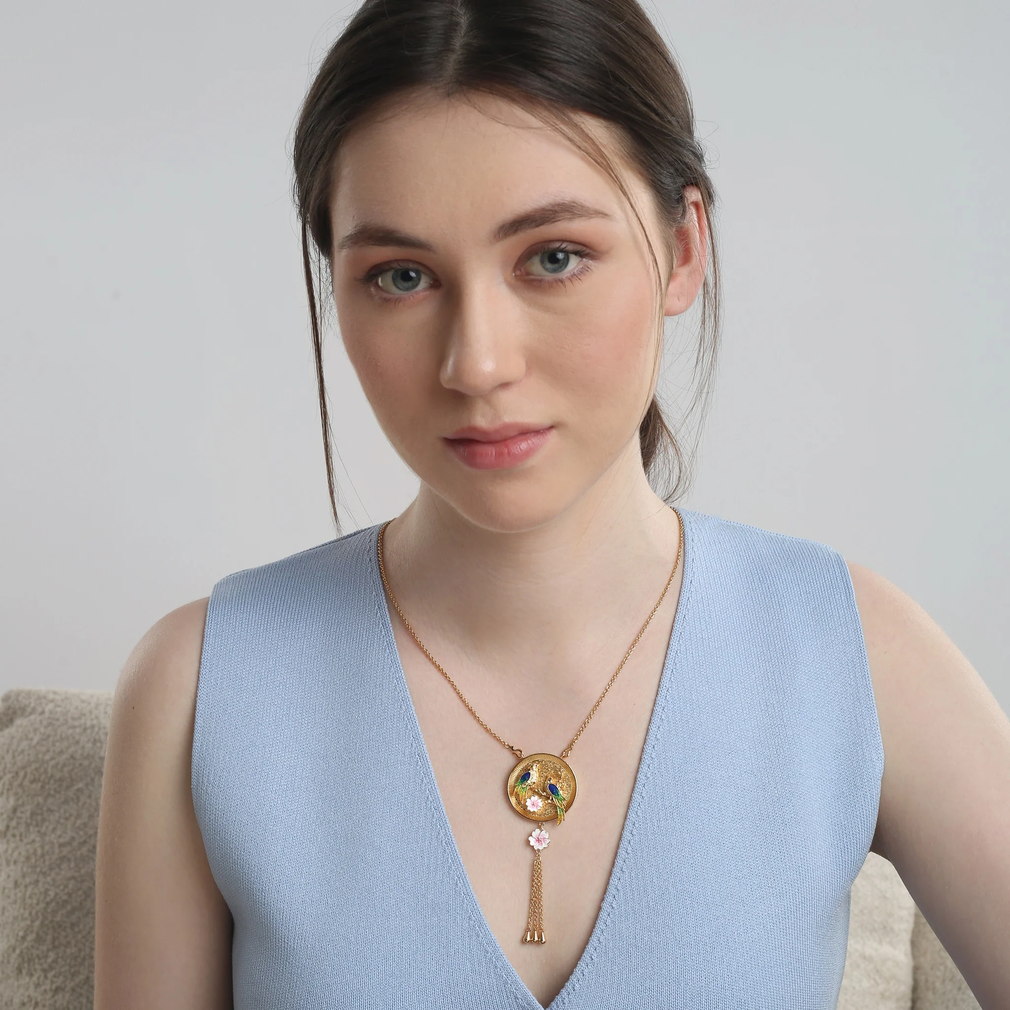Gold Plate Bird with Pink Flower Pendant - Image 2