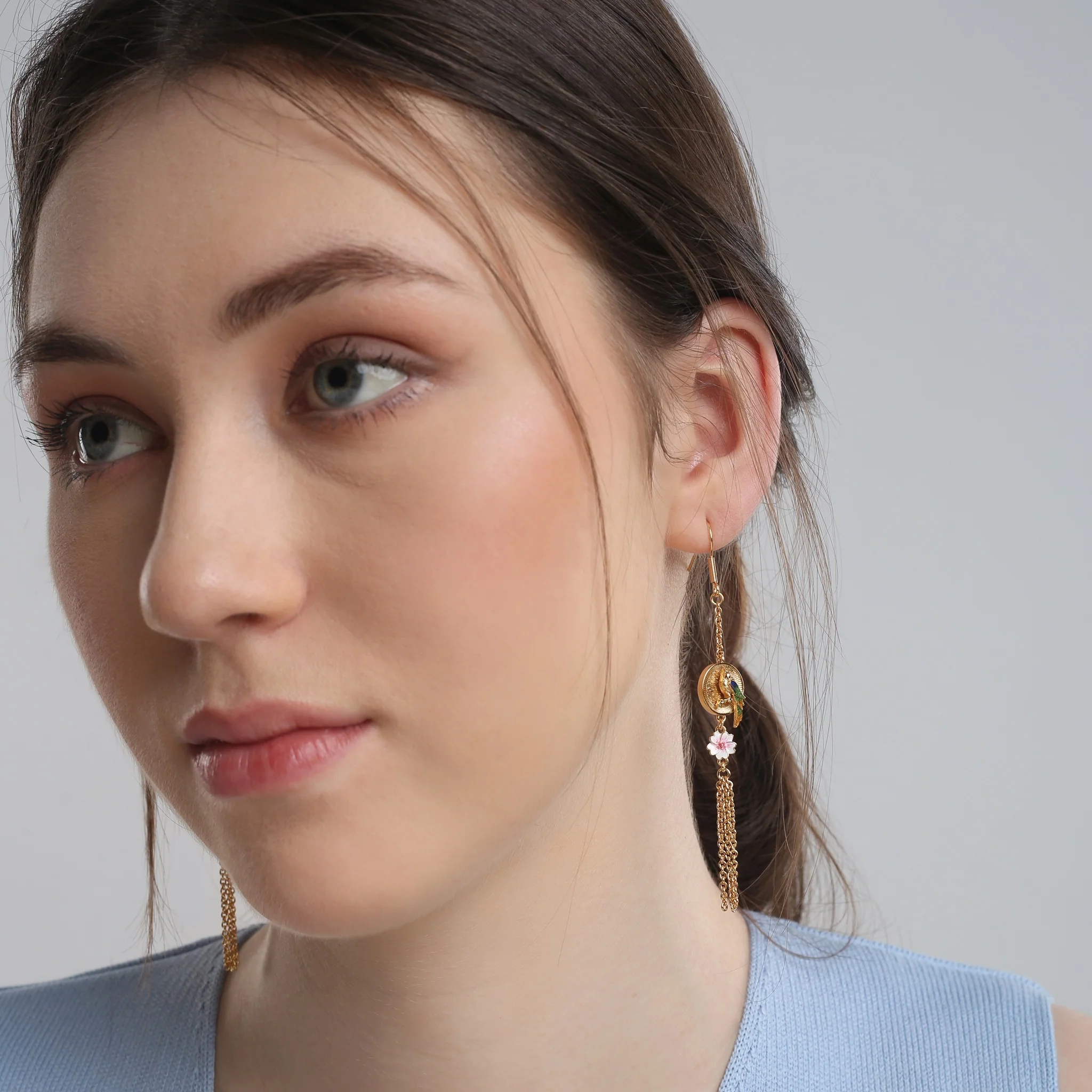 Gold Plated Bird with Pink Flower Earrings - Image 4