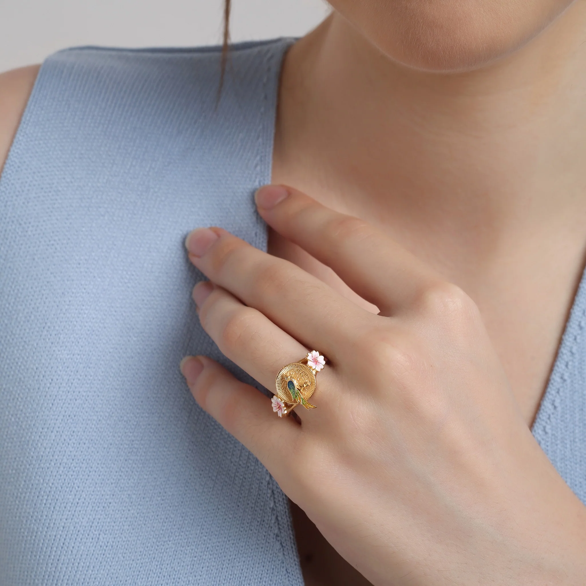 Gold Plated Bird with Pink Flower Ring - Image 5