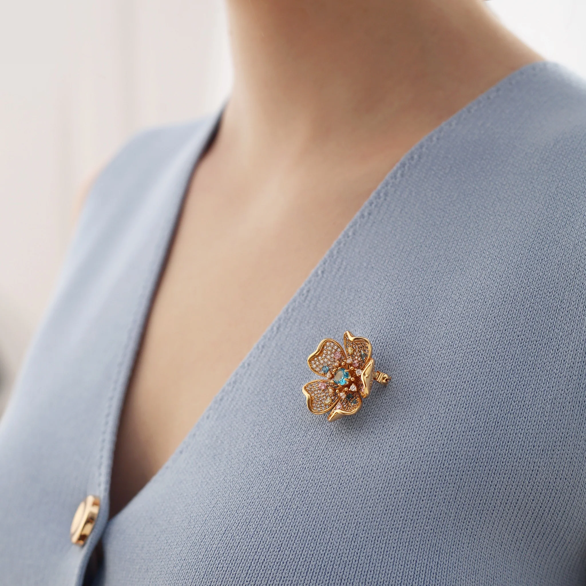 Gold Plated Floral Coloured CZ Brooch - Image 2