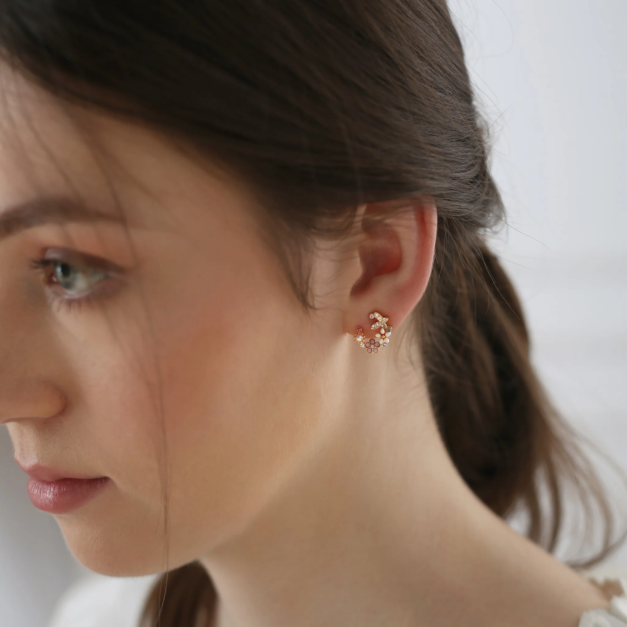 Gold Plated Pink & Green Floral Butterfly Earrings - Image 2