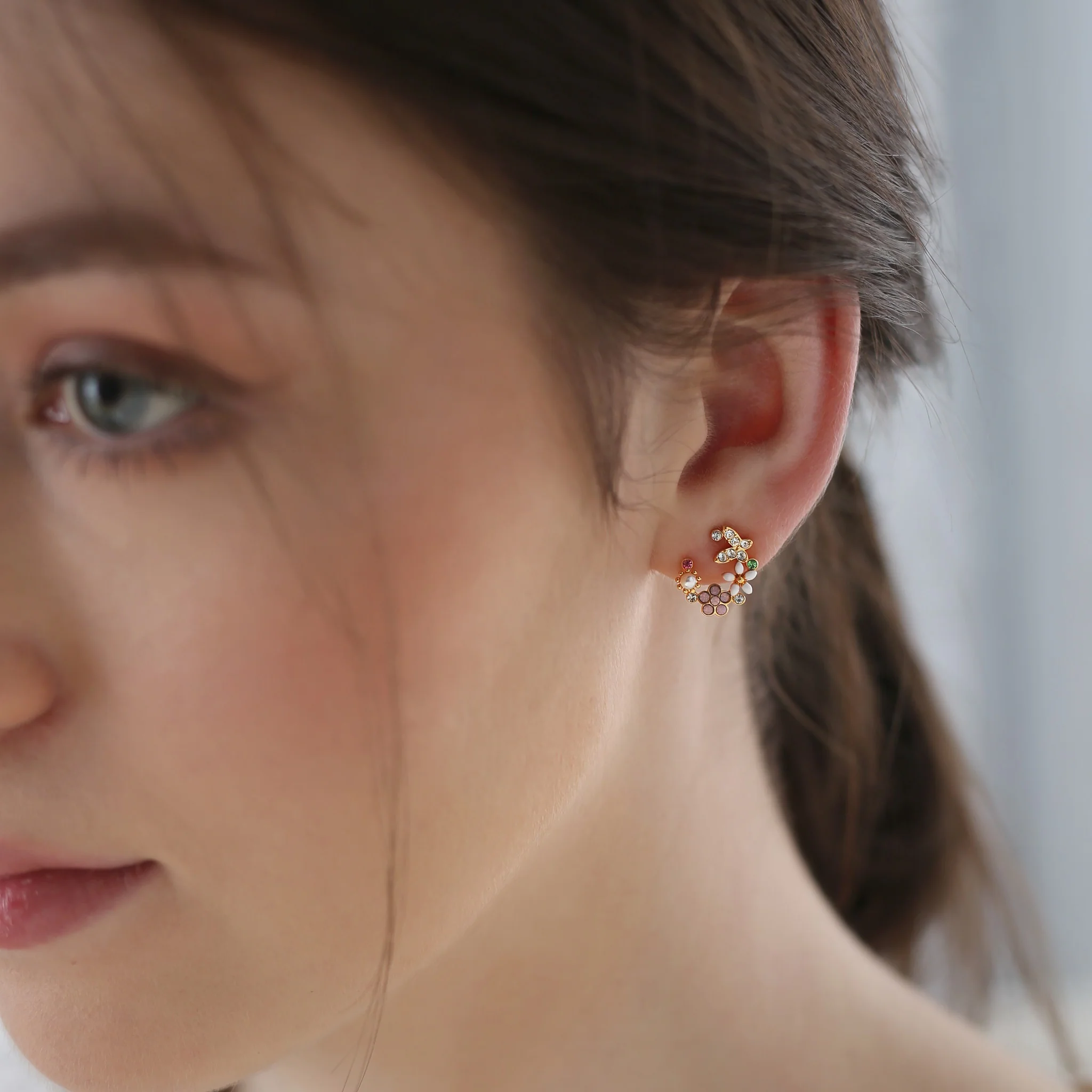 Gold Plated Pink & Green Floral Butterfly Earrings - Image 3