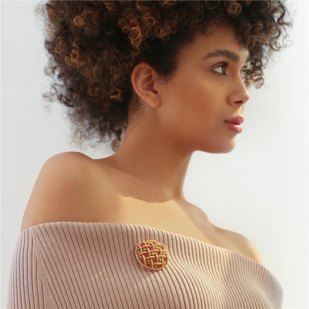 Gold Plated Round Brooch Pink & Turquoise Stones - Image 2