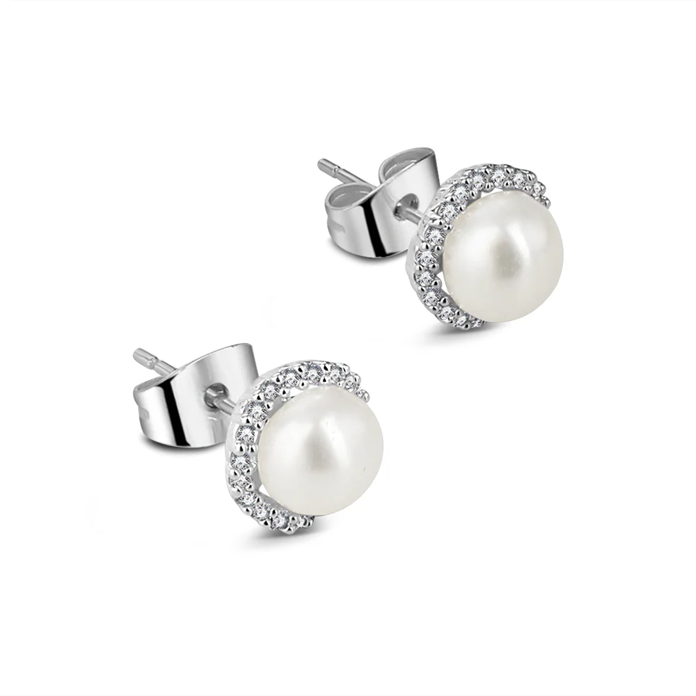 Silver Plated Pearl Earrings with Clear Stones - Image 3